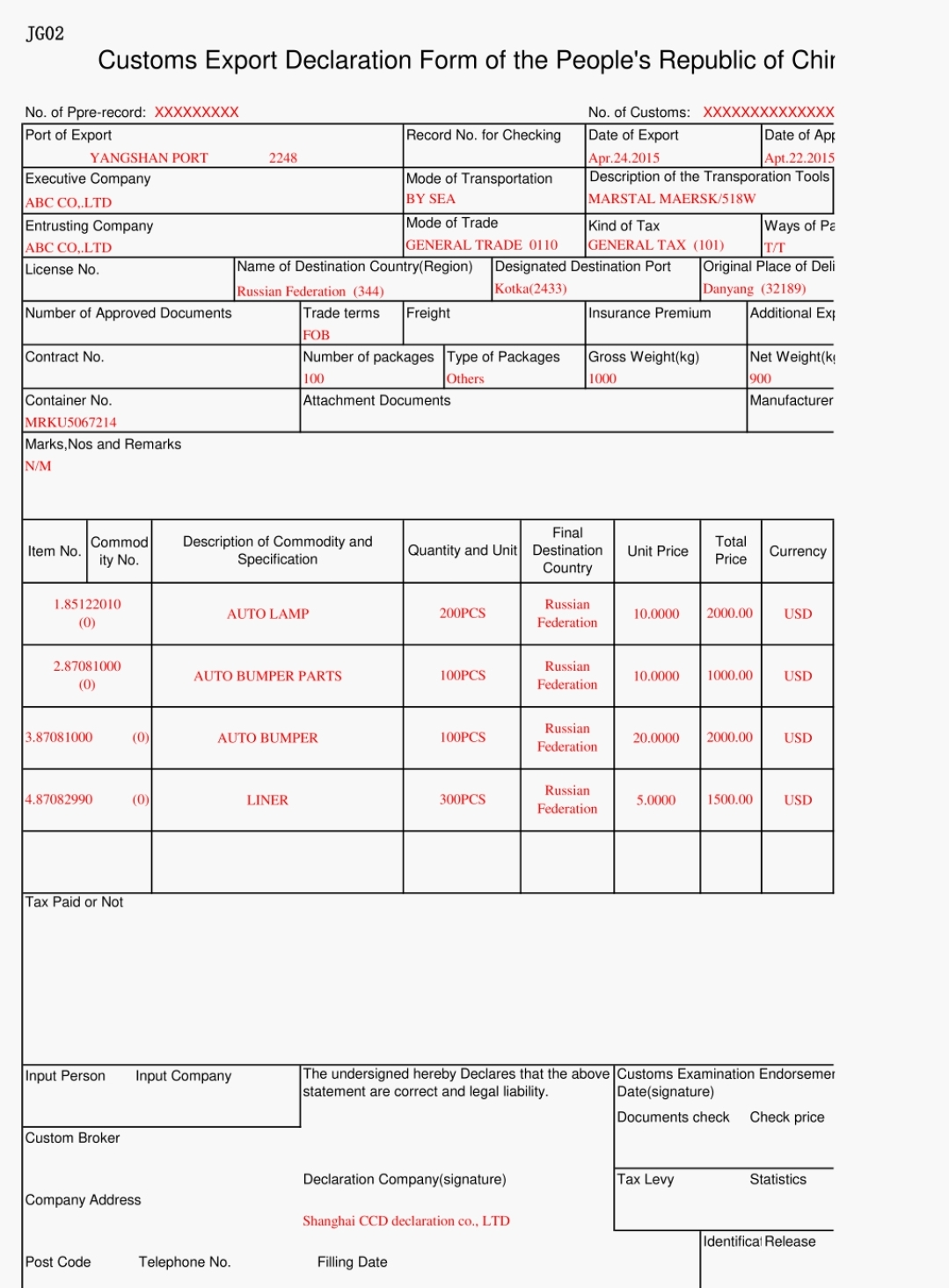 Customs Declaration Document